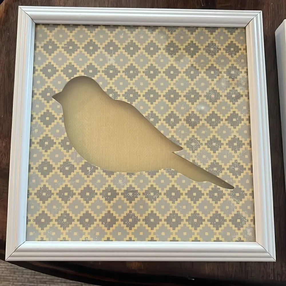 Bird Nature Yellow Grey Pattern 3D Set of Square White Picture Frames Artwork